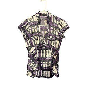 HeartSoul Y2K Baby Doll Blouse S Purple/Black/White Plaid Print Button Front Sho